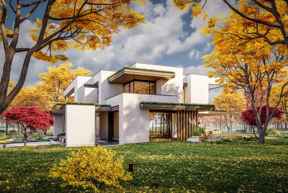 3d rendering of two-story house with parking and pool for sale or rent with concrete facade and beautiful landscaping on background. Clear sunny autumn day with golden leaves anywhere